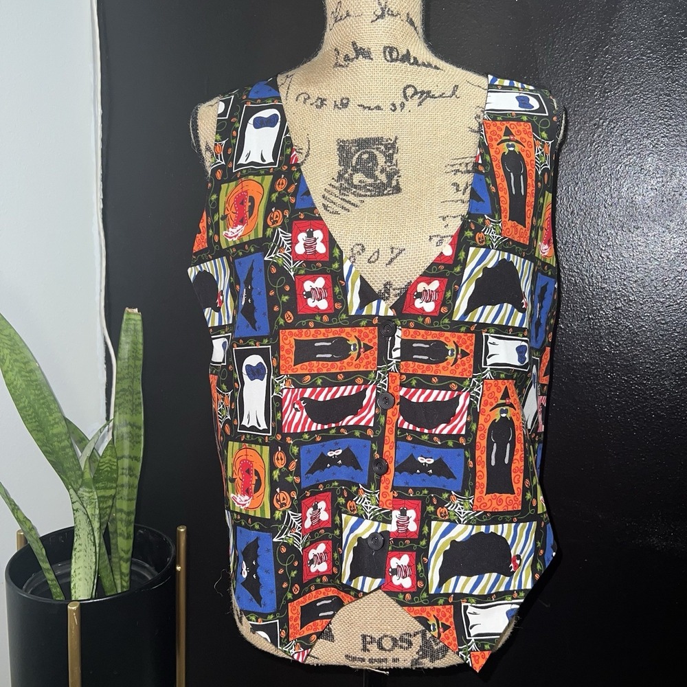 Basic Editions Halloween Vest Medium‎ Black Orange Ghost Witch Pumpkin Bat Print